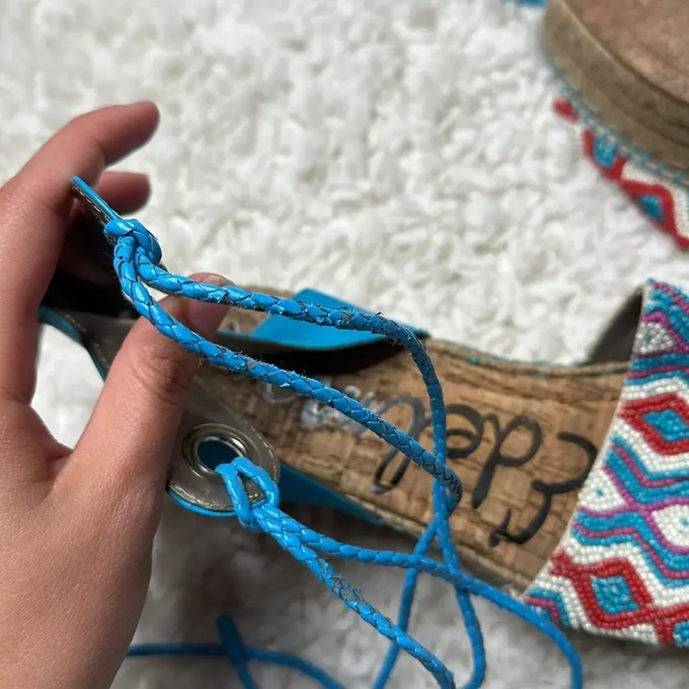 Sam Edelman Colorful Patterned Beaded Women Sandals Lace Up Espadrille Platform